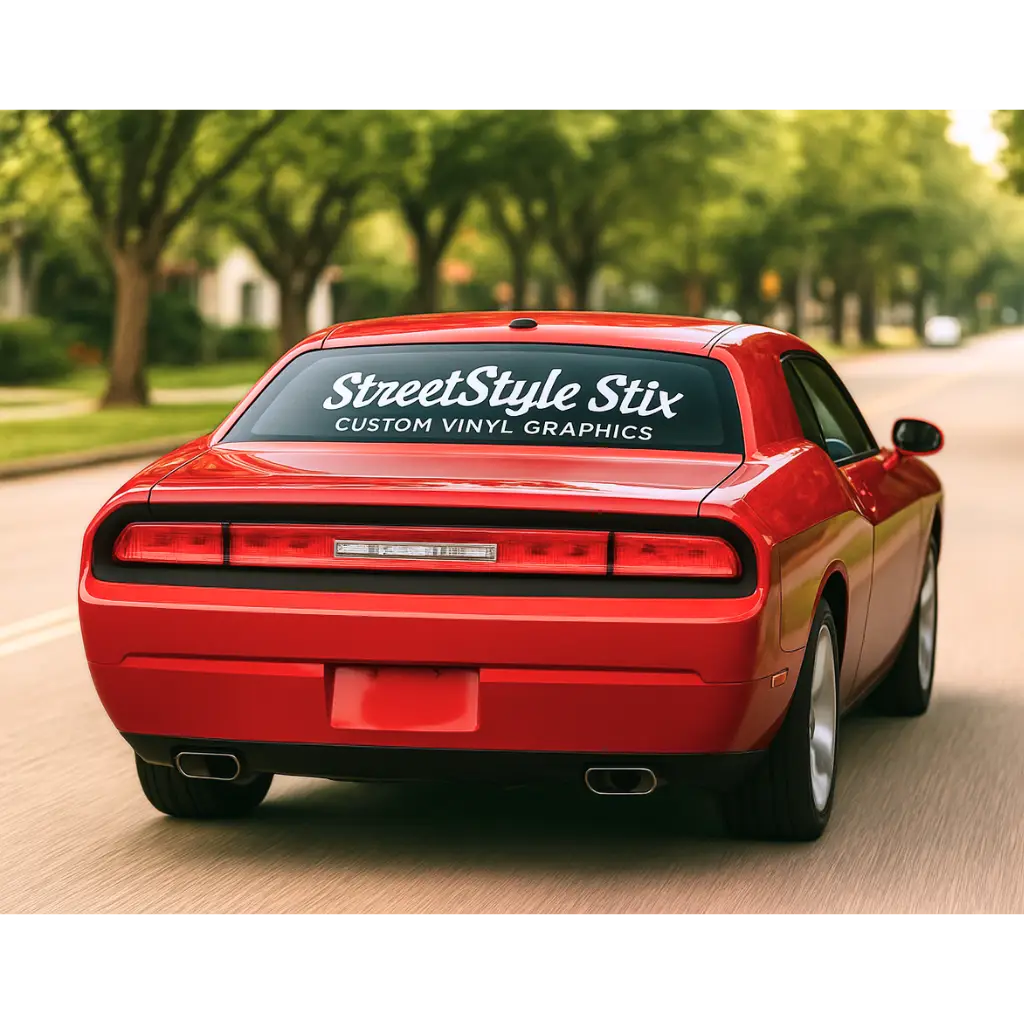 Rear view of a red muscle car featuring a bold white “StreetStyle Stix Custom Vinyl Graphics” decal on the back window, driving down a tree-lined street.