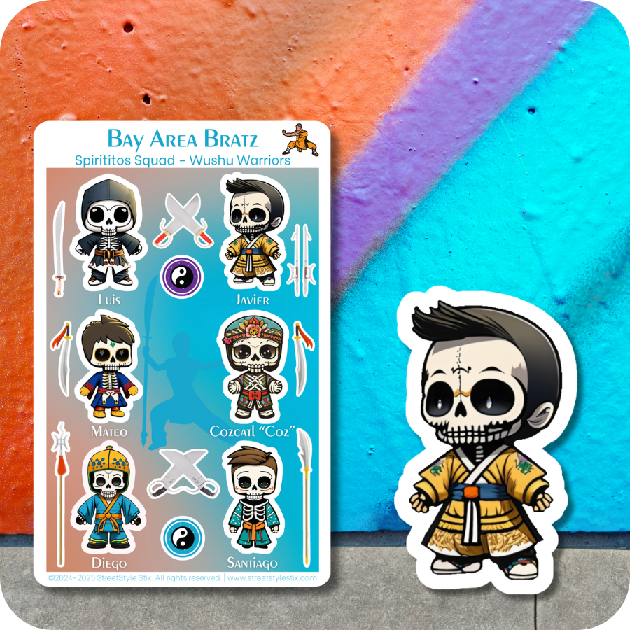 Sticker sheet and die-cut sticker from the Bay Area Bratz Spirititos Squad series, displayed against a colorful graffiti-style wall.