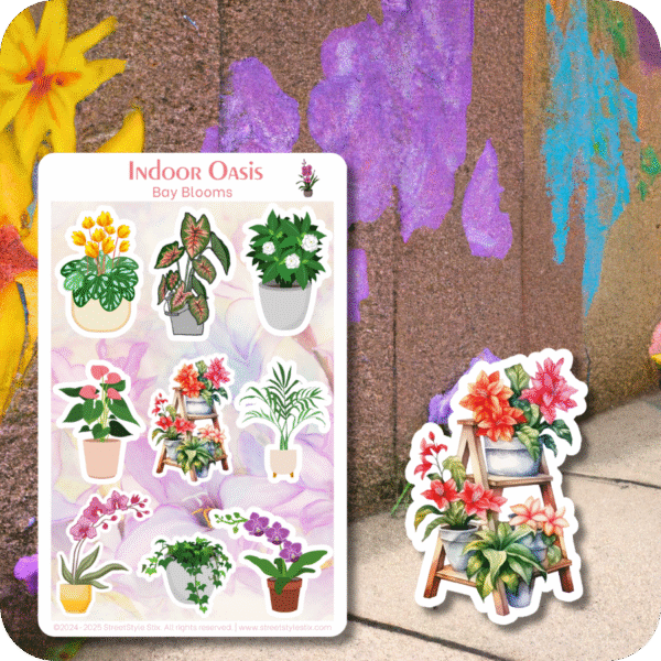 Sticker sheet and die-cut featuring colorful potted plants and flowers from the Bay Blooms collection, set against a textured wall with vibrant floral graffiti in purple, yellow, and teal.
