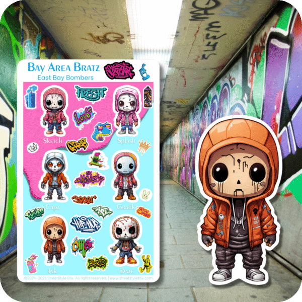 Sticker sheet titled “Bay Area Bratz – East Bay Bombers” featuring chibi characters in hoodies and streetwear with matching graffiti-style text stickers, shown with a die-cut of a skeleton-faced Bratz character in an orange hoodie, set against a graffiti-covered alley background.
