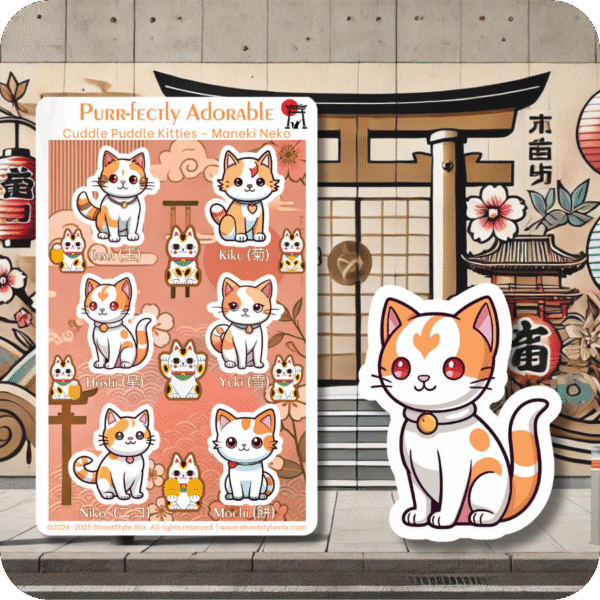 Sticker sheet featuring eight lucky Maneki Neko cat characters in different poses and colors, with names like Kiku and Mochi. Set against a Japanese-themed graffiti background with a torii gate, cherry blossoms, and stylized signage. A large die-cut cat sticker sits beside the sheet.