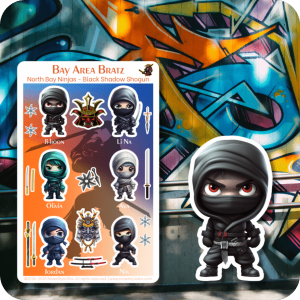 Sticker sheet showing six chibi-style ninjas in dark hooded outfits, with swords, throwing stars, and mask designs, set on a fiery gradient background. Displayed in front of a vibrant, multicolor graffiti wall. Includes a large matching die-cut sticker of a fierce ninja in black.