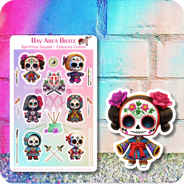 Sticker sheet featuring eight chibi-style Day of the Dead girls in colorful dresses and skull makeup, with flowers, candles, and marigolds. Placed on a soft pink background with a pastel gradient graffiti wall and textured sidewalk. Includes a large matching die-cut sticker of a smiling calaca, or Dia de Los Muertos-style skeleton with roses in her hair.