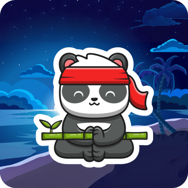A cute cartoon panda wearing a red headband peacefully meditates while holding a bamboo stalk, set against a dreamy nighttime beachscape with moonlit clouds and palm trees.