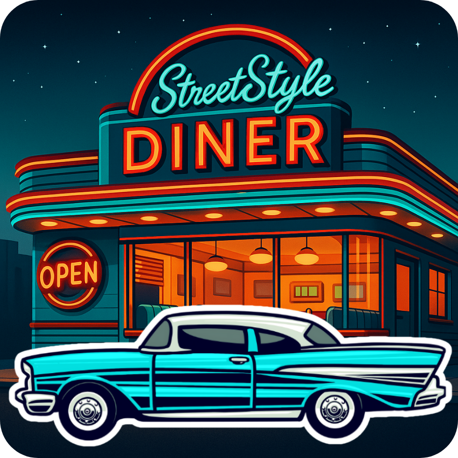 Retro blue car parked in front of a neon-lit diner with "StreetStyle Diner" sign, representing the Car Culture die-cut sticker series.