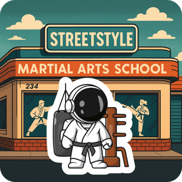 A cartoon astronaut in a white martial arts uniform with a black belt stands confidently in front of a vintage-style martial arts school building labeled 'Streetstyle Martial Arts School.