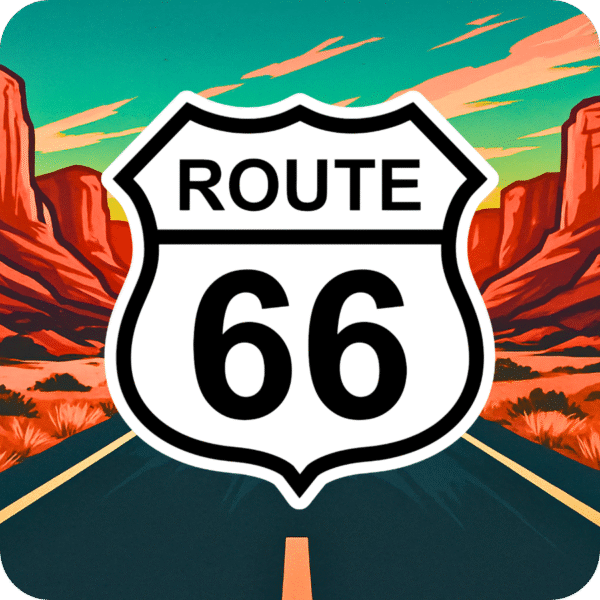 Die cut sticker featuring the iconic Route 66 highway sign, centered on a scenic desert road with red rock cliffs and a vibrant sunset sky in the background.