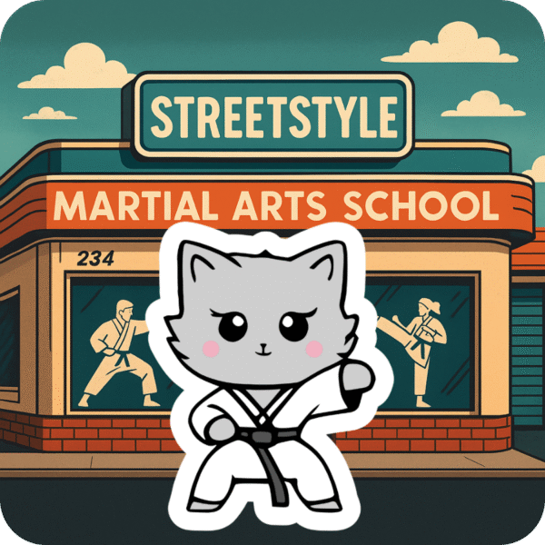 A gray cartoon cat wearing a black-belt martial arts uniform poses in front of the 'Streetstyle Martial Arts School,' with two martial artists sparring in the windows behind.