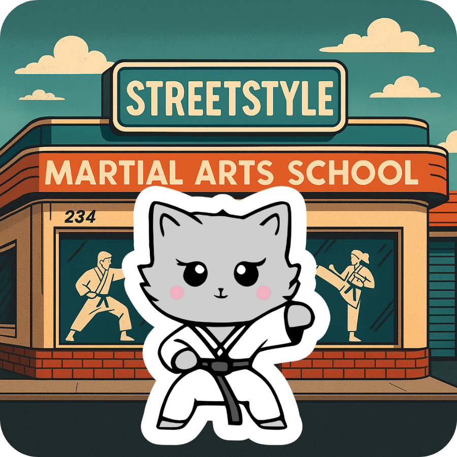 A gray cartoon cat wearing a black-belt martial arts uniform poses in front of the 'Streetstyle Martial Arts School,' with two martial artists sparring in the windows behind.