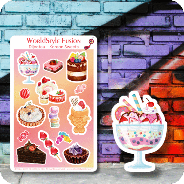 Sticker sheet and die-cut featuring colorful Korean desserts like bingsu and cakes, set against a pastel graffiti brick wall with blue, purple, and orange hues.