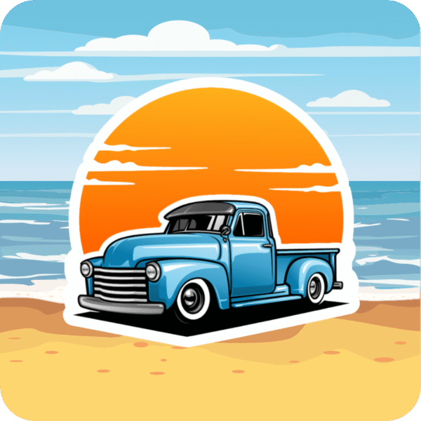 Die cut sticker of a vintage blue pickup truck parked on a beach, with a bright orange sun setting over the ocean and a calm blue sky overhead.