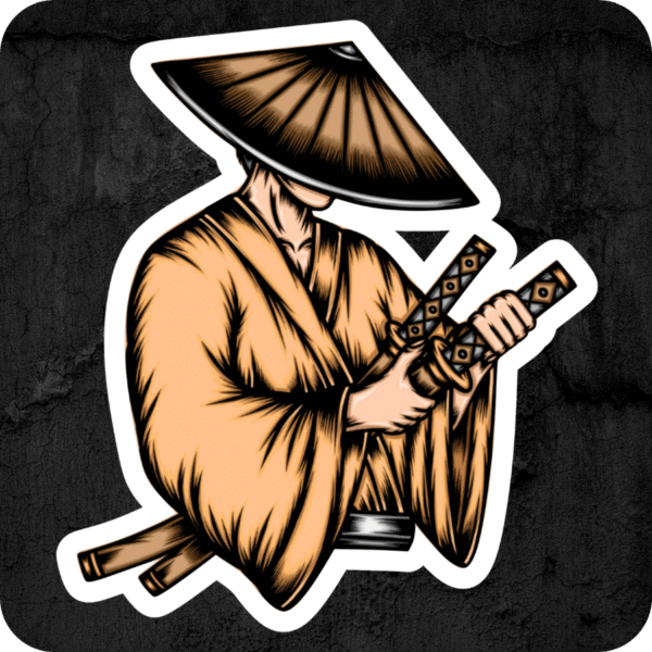 Die-cut vinyl sticker featuring a stylized Japanese Ronin wearing a conical hat and holding two swords, shown on a dark concrete-textured background.