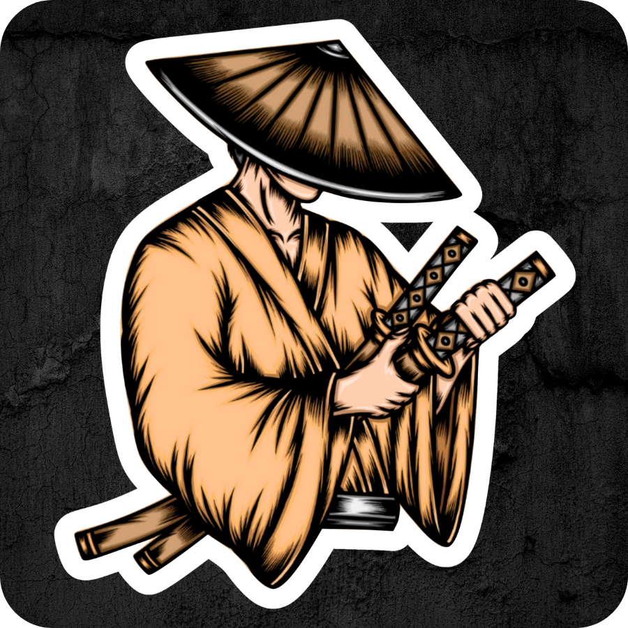 Die-cut vinyl sticker featuring a stylized Japanese Ronin wearing a conical hat and holding two swords, shown on a dark concrete-textured background.