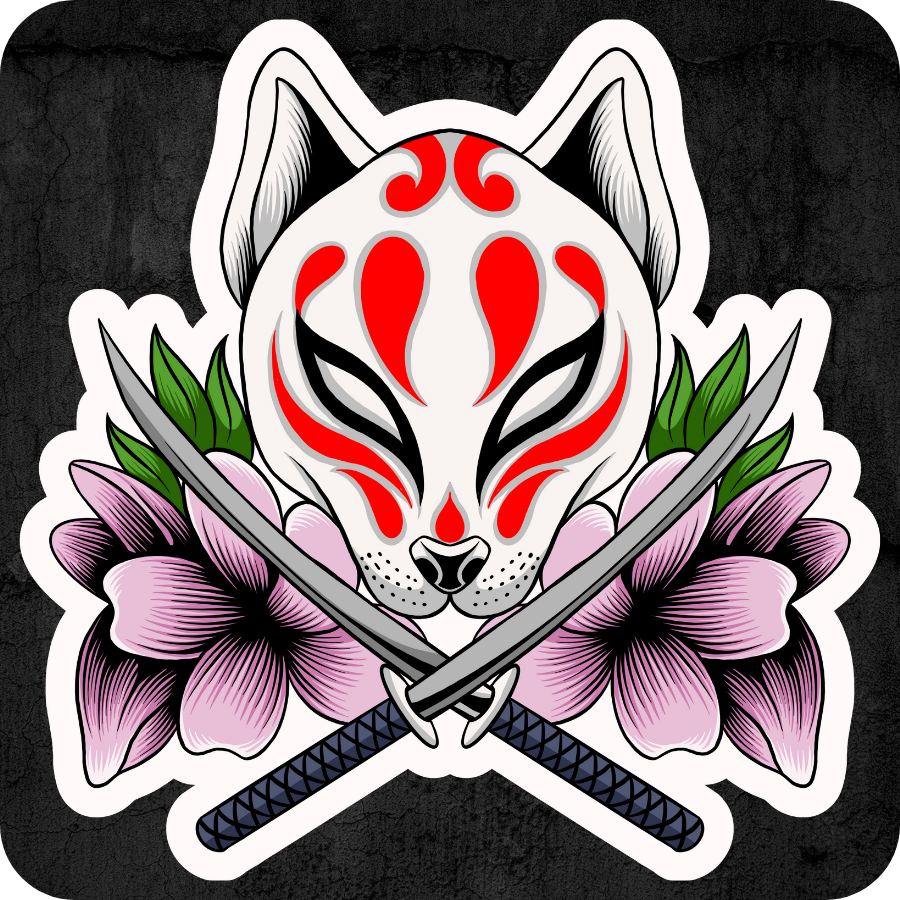 Die-cut sticker design of a stylized kitsune mask with red markings, crossed swords, and purple flowers on a dark textured background.