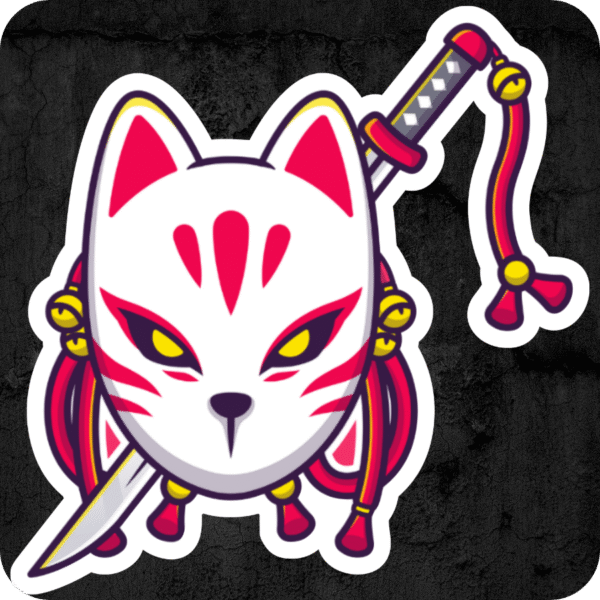 Die-cut vinyl sticker featuring a stylized white Japanese kitsune mask with hot pink and black details. A Japanese samurai sword with gold and pink tassels appear behind the mask, shown on a dark concrete-textured background.
