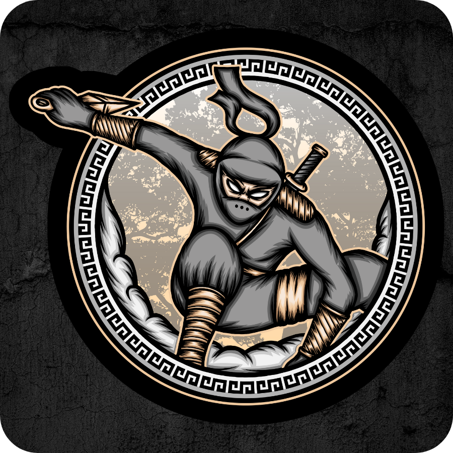 Die-cut vinyl sticker featuring a crouching ninja in grayscale gear with gold accents, framed by a circular Greco-style border, displayed on a dark concrete-textured background.