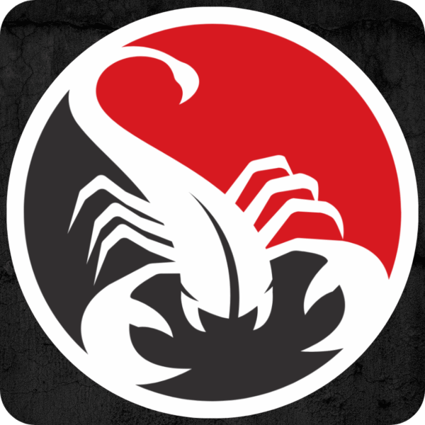 Round die-cut vinyl sticker featuring a white scorpion facing forward with tail up - against a half grey, half red background (yin-yang style), shown on a dark concrete-textured background.