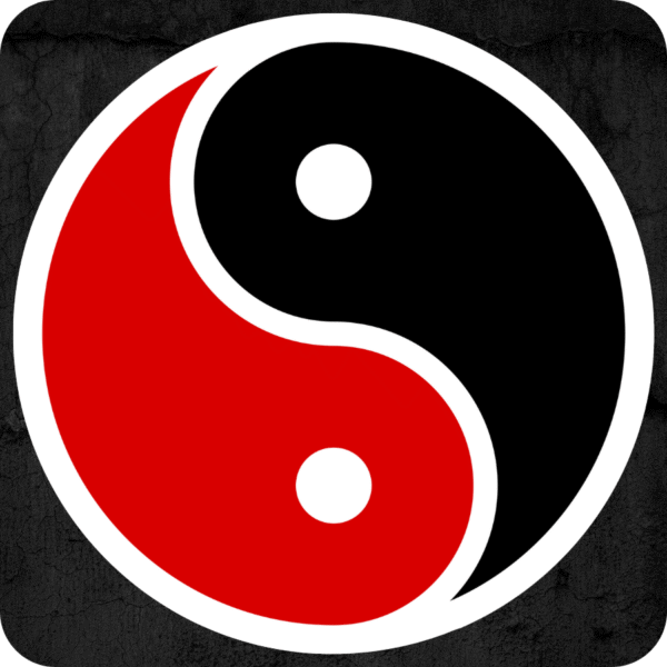 Round die-cut vinyl sticker featuring a half-red and half-black Chines yin-yang symbol with white details, shown on a dark concrete-textured background.