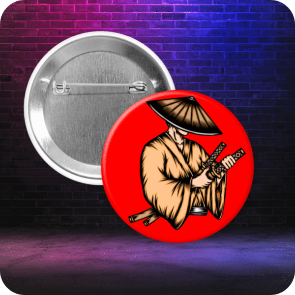 Pinback button featuring a stylized Japanese Ronin wearing a conical hat and holding two swords. Displayed with metal backing on a gradient graffiti-style background.