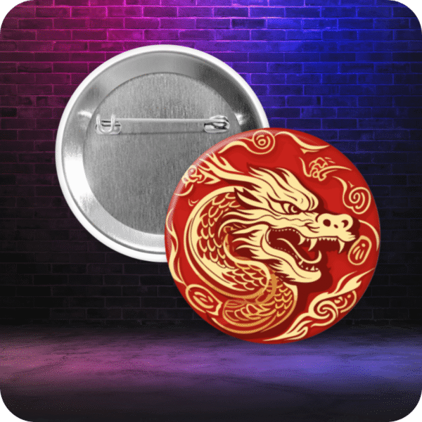 Pinback button featuring a stylized, gold Chinese lion on a red background. Button is displayed with metal backing on a gradient graffiti-style background.