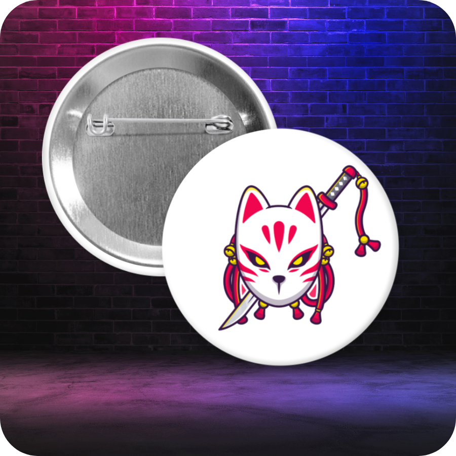 Pinback button featuring stylized white Japanese kitsune mask with hot pink and black details. A Japanese samurai sword with gold and pink tassels appear behind the mask. All are set against a solid white background. Button is displayed with metal backing on a gradient graffiti-style background.