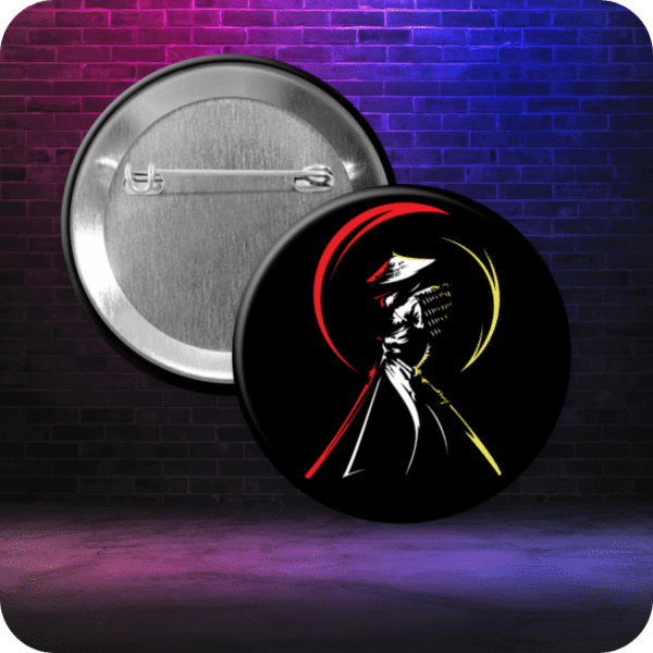 Stylized illustration of a mysterious ninja in a conical hat, holding a sword, with red and yellow arc shapes framing the figure. Displayed on a glossy pinback button against a vivid purple and blue brick wall background.