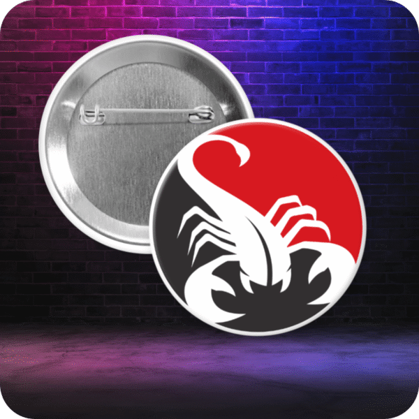 Pinback button featuring a white scorpion facing forward with tail up - against a half grey, half red background (yin-yang style). Button is displayed with metal backing on a gradient graffiti-style background.