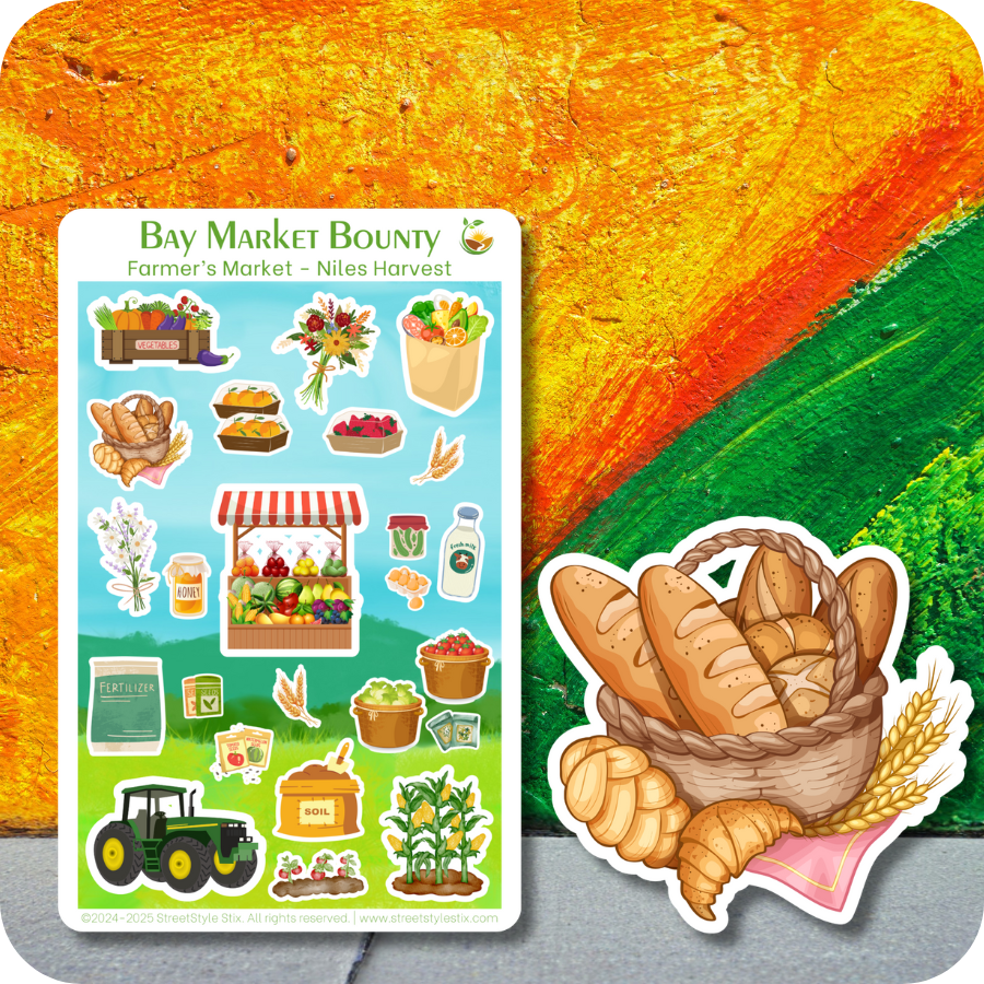Sticker sheet depicting farmer’s market goods such as bread, flowers, produce, honey, and a green tractor. Set against a vivid orange and green graffiti mural. A large die-cut basket of assorted bread sits beside the sheet.