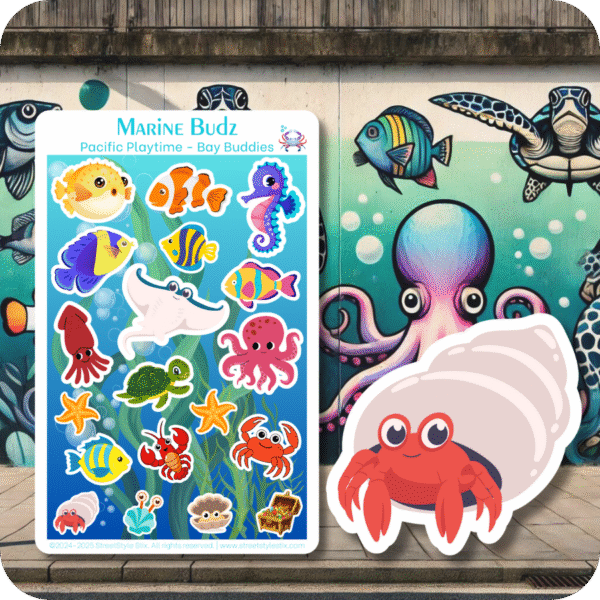 Sticker sheet of cute ocean creatures like tropical fish, crabs, rays, and an octopus, with an underwater coral background. Set against a vibrant marine mural featuring a giant octopus and fish. A large die-cut of a red hermit crab in a white shell is next to the sheet.