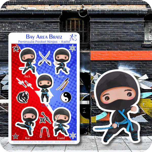 Sticker sheet featuring six chibi-style boy ninjas in black outfits with blue belts, paired with martial arts weapons and symbols. Displayed against a red and blue patterned background with a graffiti-covered brick wall behind it. Includes a large matching die-cut sticker of one ninja holding a blue sword.
