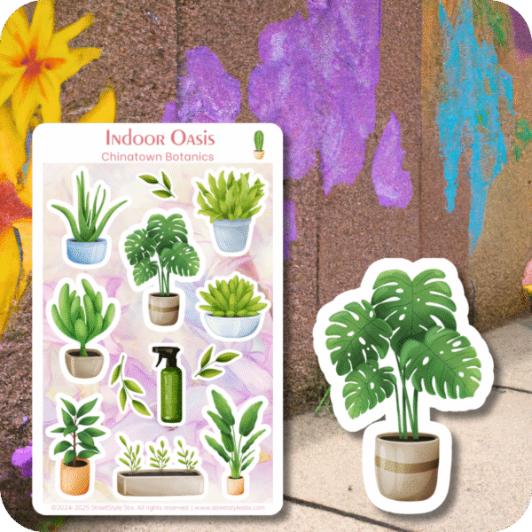 Sticker sheet of potted houseplants, including Monstera and snake plants, with a green spray bottle in the center. Displayed on a floral urban graffiti wall in vibrant purples and yellows. A large die-cut of a Monstera plant is placed beside the sheet.