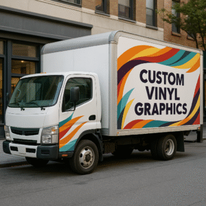 Box truck with colorful vinyl graphics and large text reading “Custom Vinyl Graphics,” representing bold, affordable branding services.